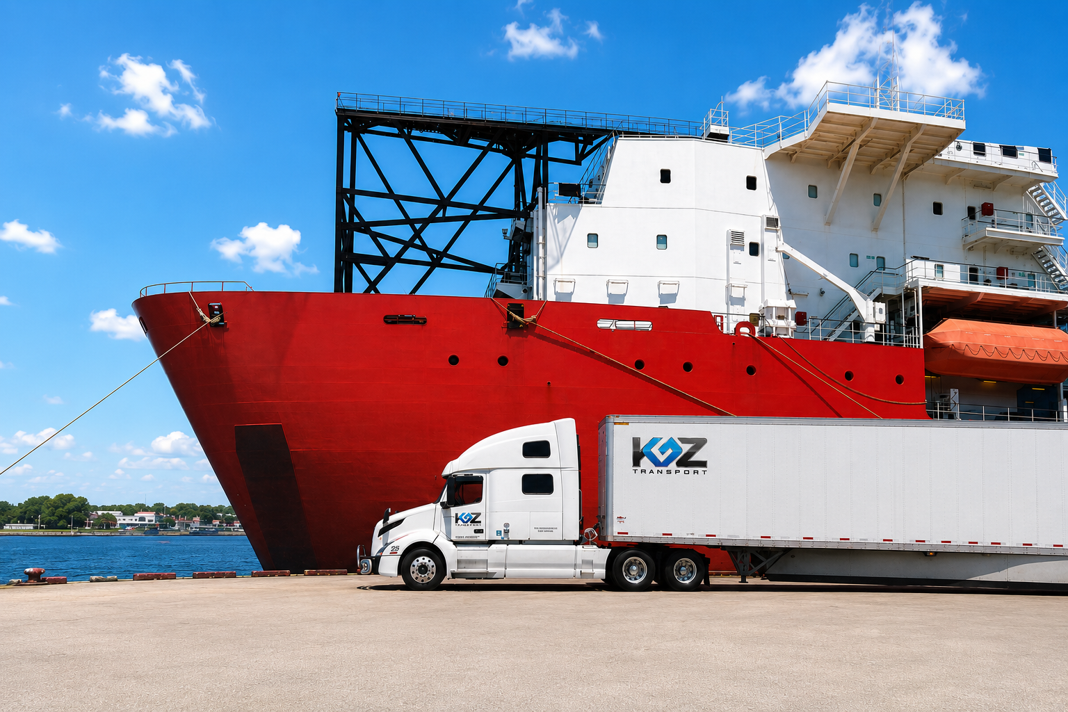 White KGZ Transport Volvo tractor with a KGZ-branded dry van trailer parked at a port dock beside a large red cargo ship