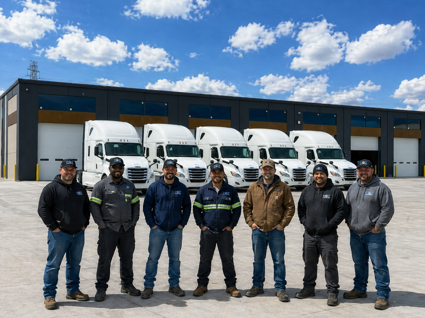 KGZ Transport team standing in front of a row of white KGZ-branded semi-trucks at the headquarters